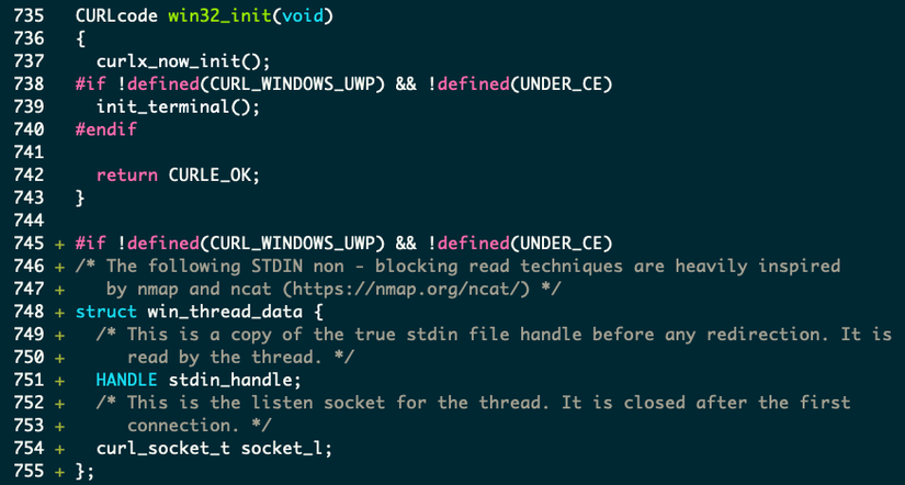 The contents of a file with green plus symbols at the beginning of several lines.