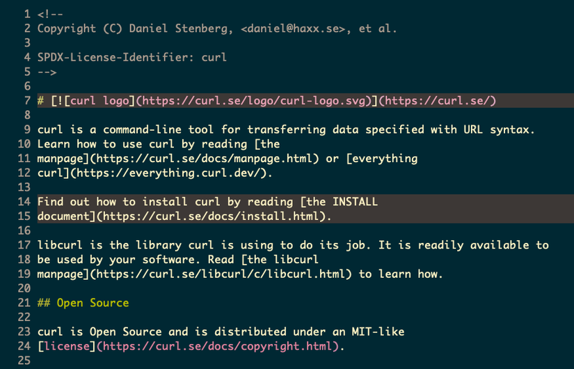A Markdown file with three lines highlighted using a different background color.