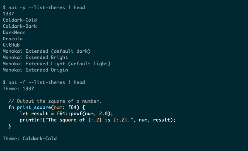 The bat command showing two forms of output using the list-themes option: one a plain list of theme names, the other a more detailed version with example colors.
